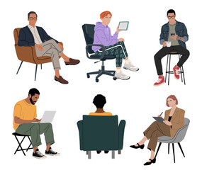 Vector illustration of diverse business people in casual wear using laptop, tablet, and phone while sitting in armchairs, shown from front, side, and back view. Isolated on transparent background.