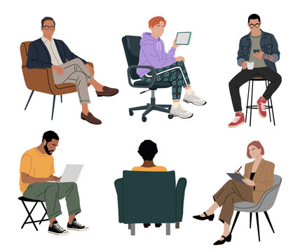 Vector illustration of diverse business people in casual wear using laptop, tablet, and phone while sitting in armchairs, shown from front, side, and back view. Isolated on transparent background.