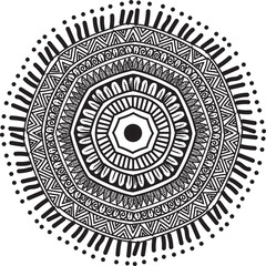 Detailed and symmetrical mandala artwork featuring intricate geometric patterns and ornamental elements. This decorative design is perfect for use in meditation visuals, coloring books, textile prints