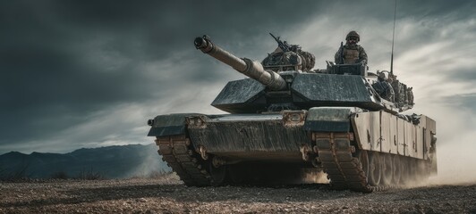 The Powerful Military Tank Maneuvering Through a Dramatic Battlefield Terrain