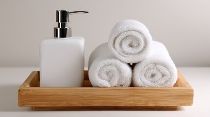 Luxurious Spa Setting Rolled White Towels and Elegant Soap Dispenser on Wooden Tray