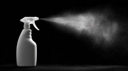 White Spray Bottle Dispensing Fine Mist Against Black Background A Clean and Simple Image
