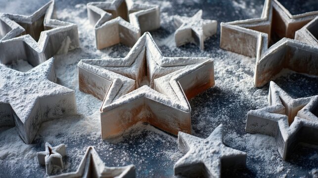 Star shaped cookie cutters dusted with flour ready for baking Christmas cookies Festive holiday baking preparation - Powered by Adobe