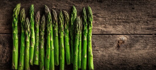 The vibrant asparagus spears arranged on a rustic wooden surface
