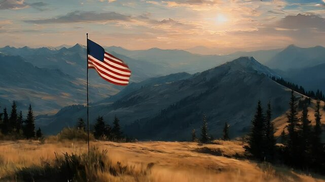 American flag waves on majestic mountain peak at sunset