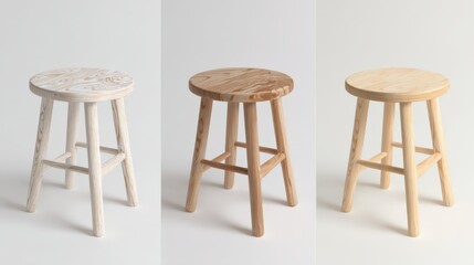 Three Wooden Stools in Different Finishes Whitewashed Natural and Light Brown Perfect for Interior Design and Home Decor