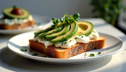 Avocado toast topped with creamy mayonnaise and microgreens on whole grain bread