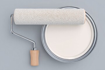 Obraz premium A collection of painter's tools, including a white paint brush set or a painting roller, is shown from a top view, isolated on a clean paper background, as part of an interior house renovation design