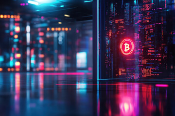 Glowing Bitcoin token illuminates futuristic digital environment, showcasing vibrant colors and reflections