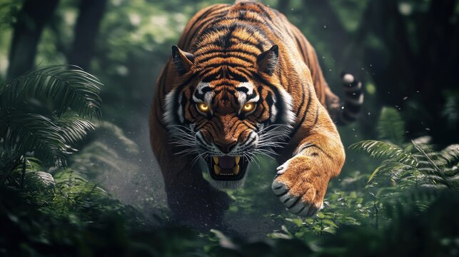 A huge angry tiger charged through the dense forest, background wallpaper AI generated image