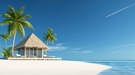 Serene tropical paradise featuring beach hut surrounded by palm trees and clear blue waters, perfect for relaxation and escape
