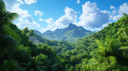 Lush jungle filled with vibrant greenery, towering mountains, and bright blue sky creates adventurous atmosphere