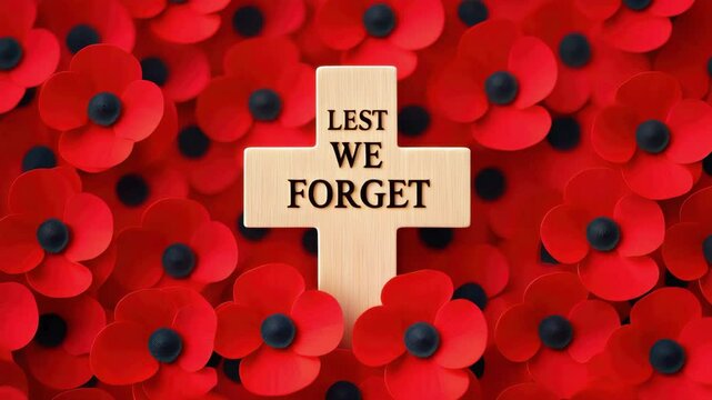 Remembrance Day tribute with red poppies and wooden cross inscribed with Lest We Forget