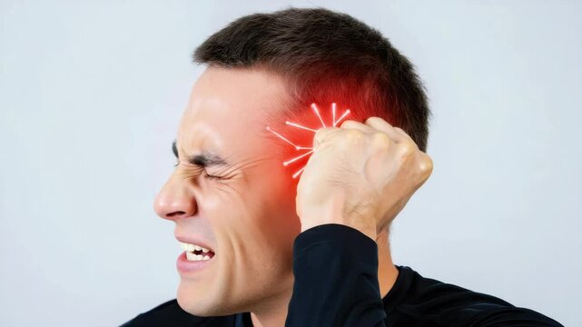 Man suffering from acute headache or migraine with cluster headache or neuralgia symptoms highlighted on temple