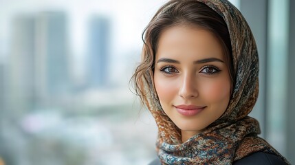 Confident Middle Eastern businesswoman smiling warmly, embodying professionalism and approachability.