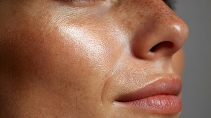 Fototapeta premium Close-up of smooth, glowing skin showing pores, shadows highlighting natural contours.