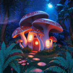 Mashroom tree cartoon house concept, A mushroom hut in the jungle full moon light.