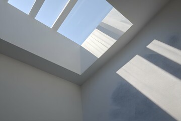 Obraz premium Bright skylight highlights sleek, minimalist interior with sharp shadows and elegant architectural features.