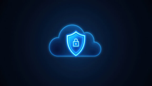 A digital illustration of a cloud with a shield icon in its center, signifying secure cloud computing or cybersecurity.