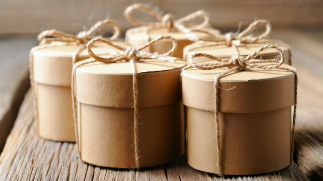 Round kraft paper gift boxes with twine bows arranged on rustic wooden surface in natural light