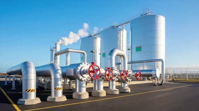 Natural gas processing facility with high-pressure pipelines, storage tanks, and industrial control valves under clear sky
