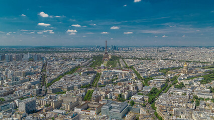 Aerial view from Montparnasse tower with Eiffel tower and La Defense district on background...