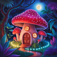 Mashroom tree cartoon house concept, A mushroom hut in the jungle full moon light.