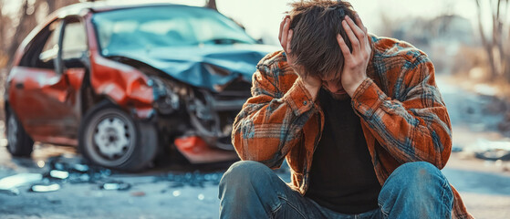 Young man in despair following a car accident in a rural setting, reflecting the aftermath of a tragic event