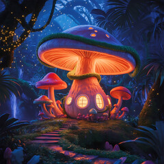 Mashroom tree cartoon house concept, A mushroom hut in the jungle full moon light.
