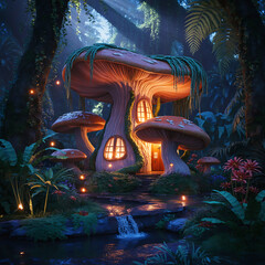 Mashroom tree cartoon house concept, A mushroom hut in the jungle full moon light.