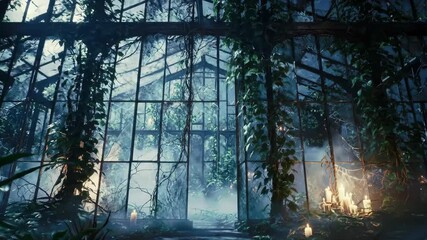 Interior of eerie greenhouse filled with mist and candlelight for Halloween
- Powered by Adobe