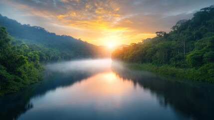 Serene Sunrise Over a Calm River Surrounded by Lush Green Forest