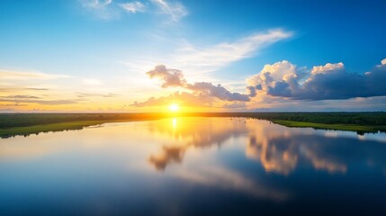Fototapeta premium Serene Sunset Over Tranquil Water with Colorful Cloud Reflections
