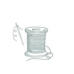 Vintage needle and thread illustration, hand-drawn in ink. Original sewing drawings, in lineart, for cards, posters, and graphic design.