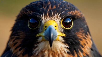 Intense Close-Up Portrait of a Peregrine Falcon or Hawk with Sharp Eyes and Beak,4k