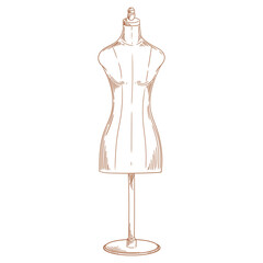 Vintage sewing mannequin illustration, hand-drawn in ink. Original sewing drawings, in lineart, for cards, posters, and graphic design.