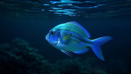 Electric Blue Tropical Fish Swimming Under the Ocean Surface in Deep Water,4k