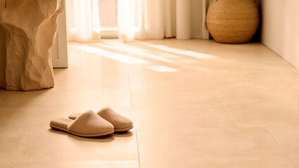 Old slippers on rug in bright, minimalist interior space  