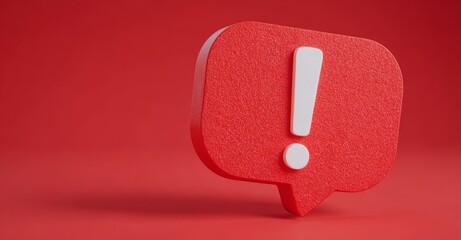 Red symbol of a notification reminder and chat message alert that signals attention and caution with an urgent warning exclamation mark isolated on a 3d background of danger in a flat design social