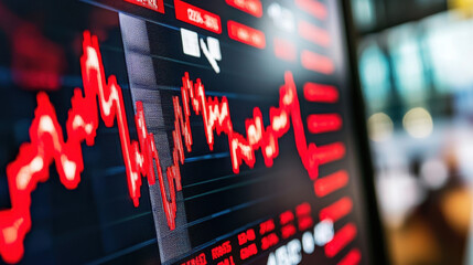 Stock market graph showing downward trend with red lines indicating falling interest rates and market fluctuations