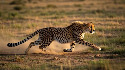 Fast Cheetah Running at Full Speed Across the Dry African Savannah at Sunset,4k