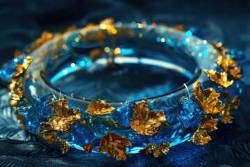 High Detail Visual of a Bracelet with a Blue Glass and Gold Leaf on it