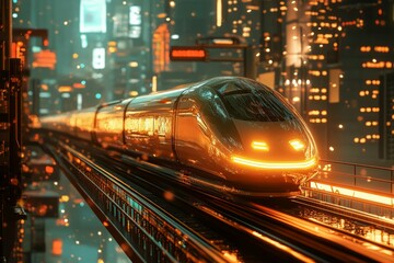 Fototapeta premium High-speed train in vibrant city at night. AI image