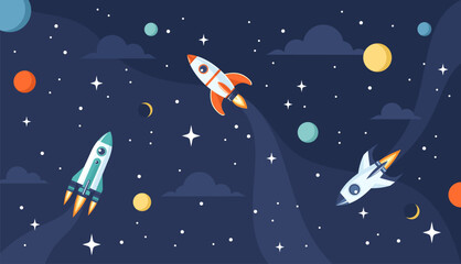 Space rockets flying in space among planets and stars. Flat vector illustration