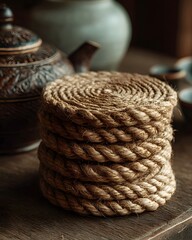 Obraz premium Round braided jute coasters for table high resolution picture