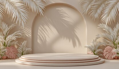 Fototapeta premium A 3d background podium with a summer sand theme serves as a minimal platform pedestal template for showcasing products on a geometric beauty stage