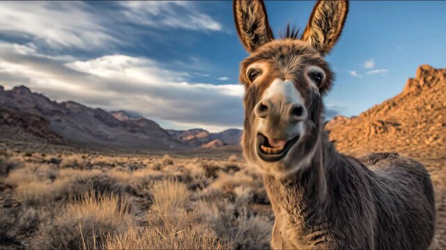 Brown donkey stands in a dry field bellowing towards distant mountains against cloudy skies