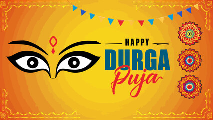 Vibrant and festive DURGA PUJA banner-style image with a bright yellow background.