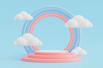 3D podium display pastel blue background with cloud