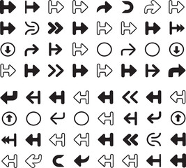 Fototapeta premium A collection of 64 assorted arrow icons in rows and columns. This vector graphic resource is part of a larger set